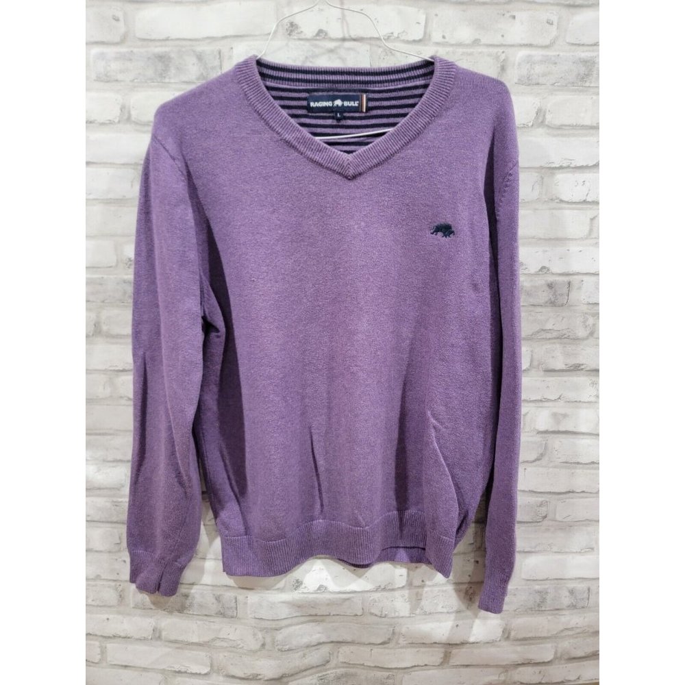Men L Raging Bull Purple Classic V Neck‎ Sweater Cotton Cashmere Large